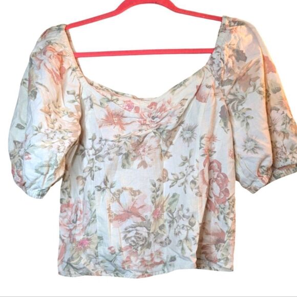 Linen square neck puff sleeve cropped blouse floral size M - Picture 2 of 14
